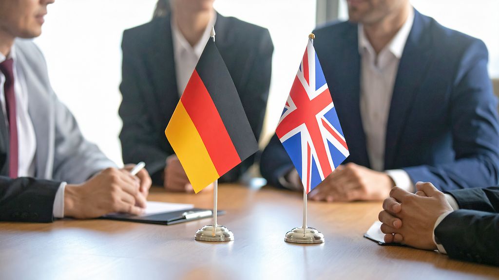 Ai generated business people discussing Brexit at a table with a German and an English flag