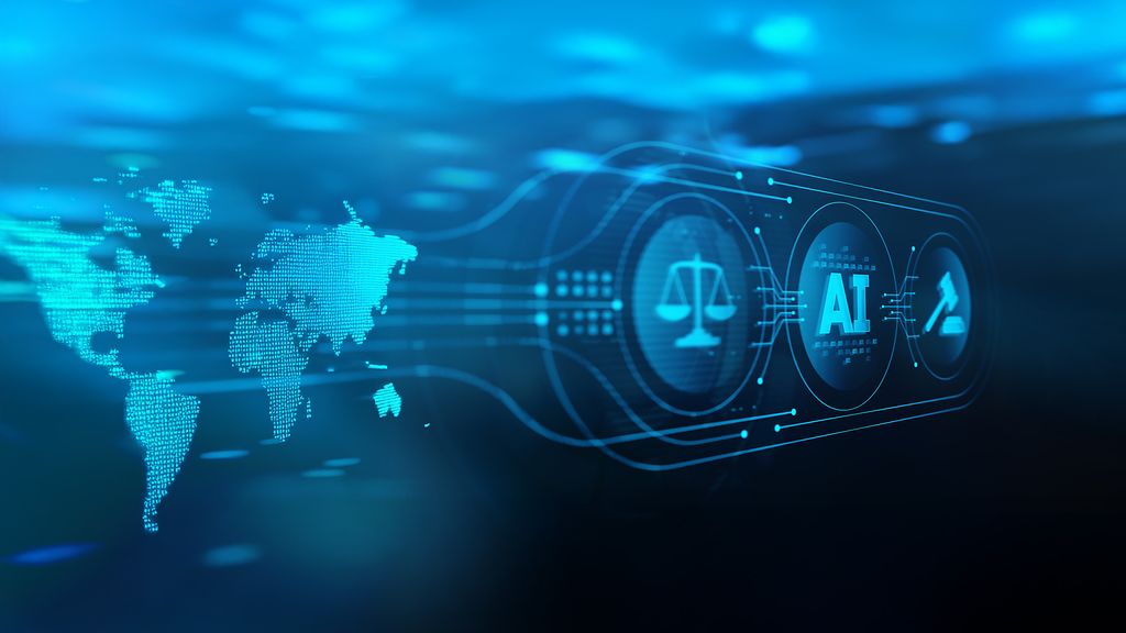 Virtual Screen with Artificial intelligence AI, Justice Scales, and Judge's Gavel.