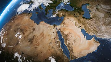 A detailed 3D rendering of planet Earth highlights the Middle East region and the surrounding desert landscapes. Image map textures source: www.solarsystemscope.com